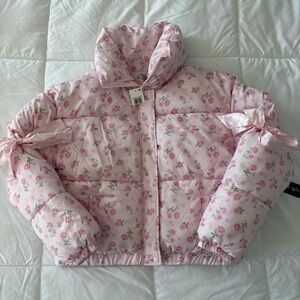 MADDEN GIRL pink floral coquette bow puffer jacket